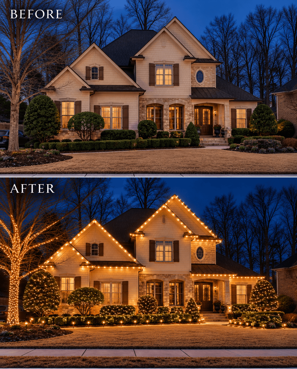 Holiday lighting styles on a home